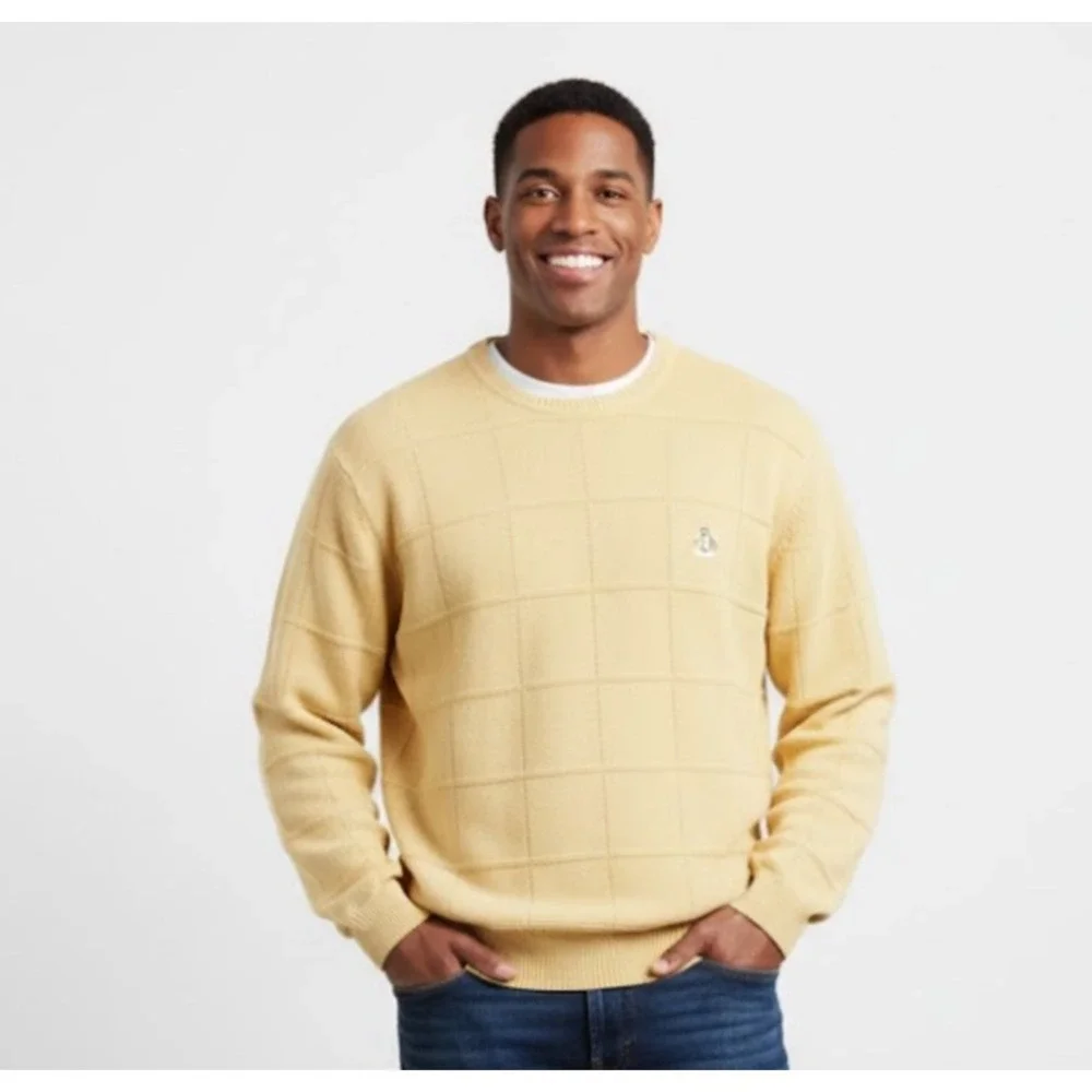 IZOD Men's Sweater XL Yellow Grid Pattern Crew Neck Long Sleeve Cotton